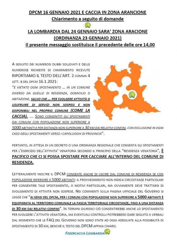 Lombardia zona arancio dal 24 gennaio: le disposizioni in materia di caccia