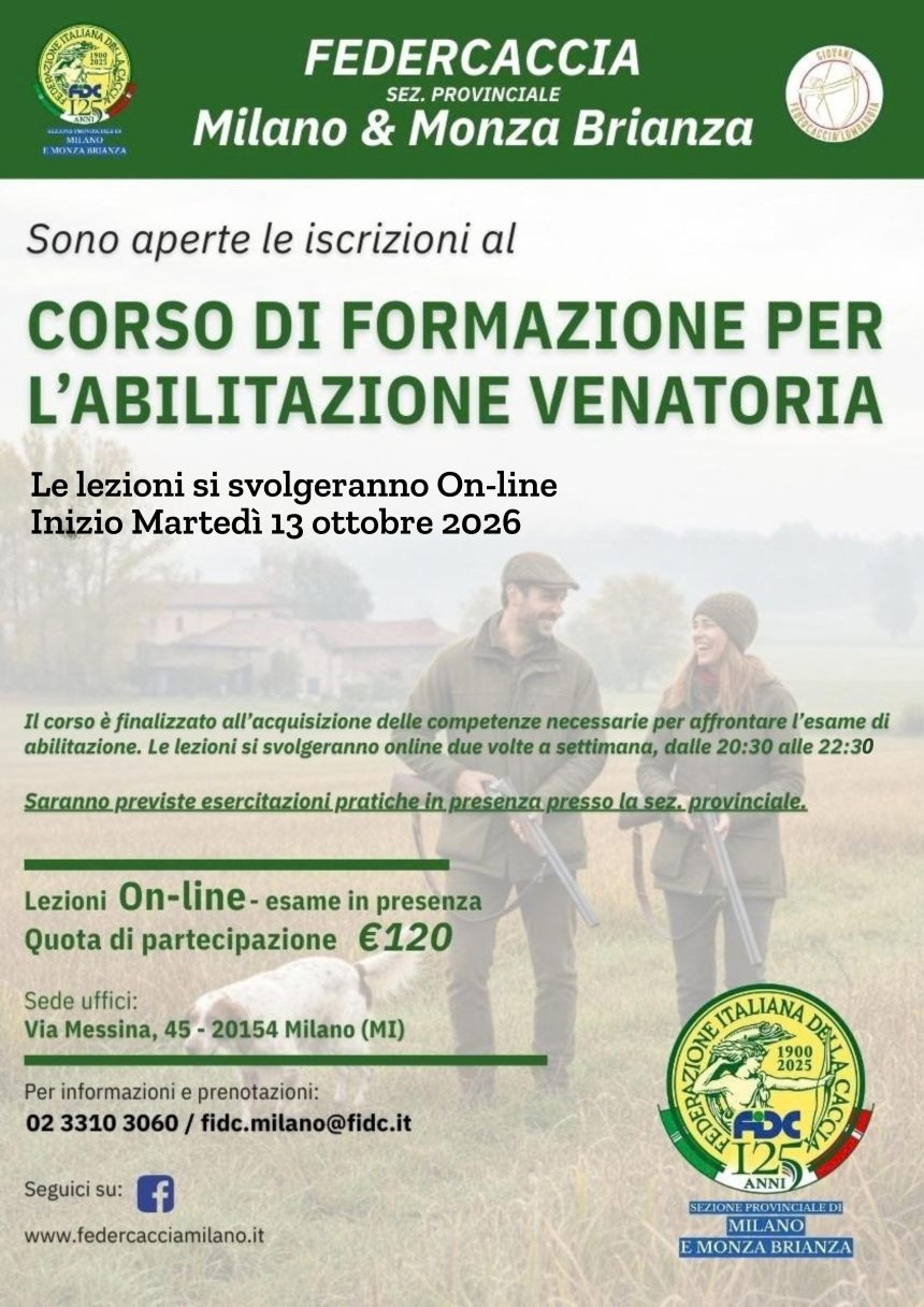 Corso di formazione per l’abilitazione venatoria promosso da Federcaccia Milano e Monza Brianza